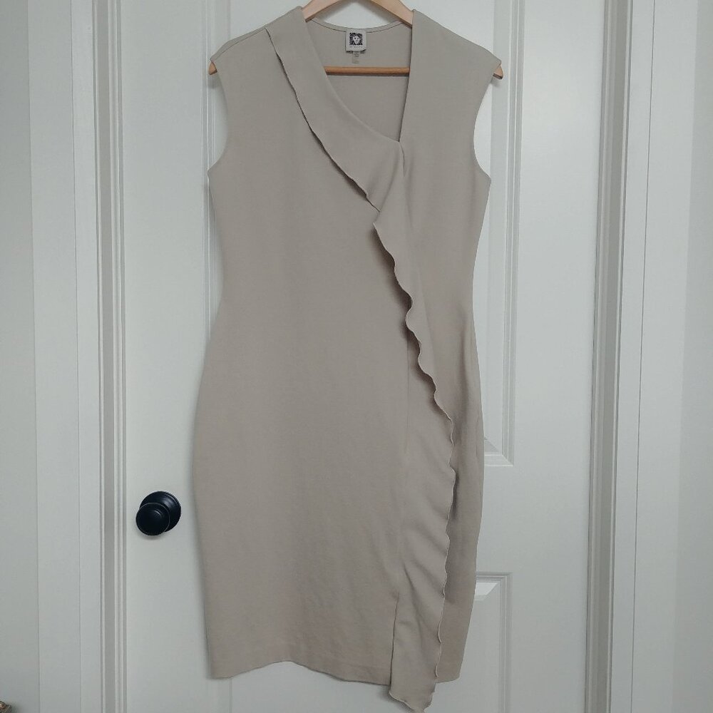 Anne Klein light tan fitted look stretch dress asymmetrical ruffle size …